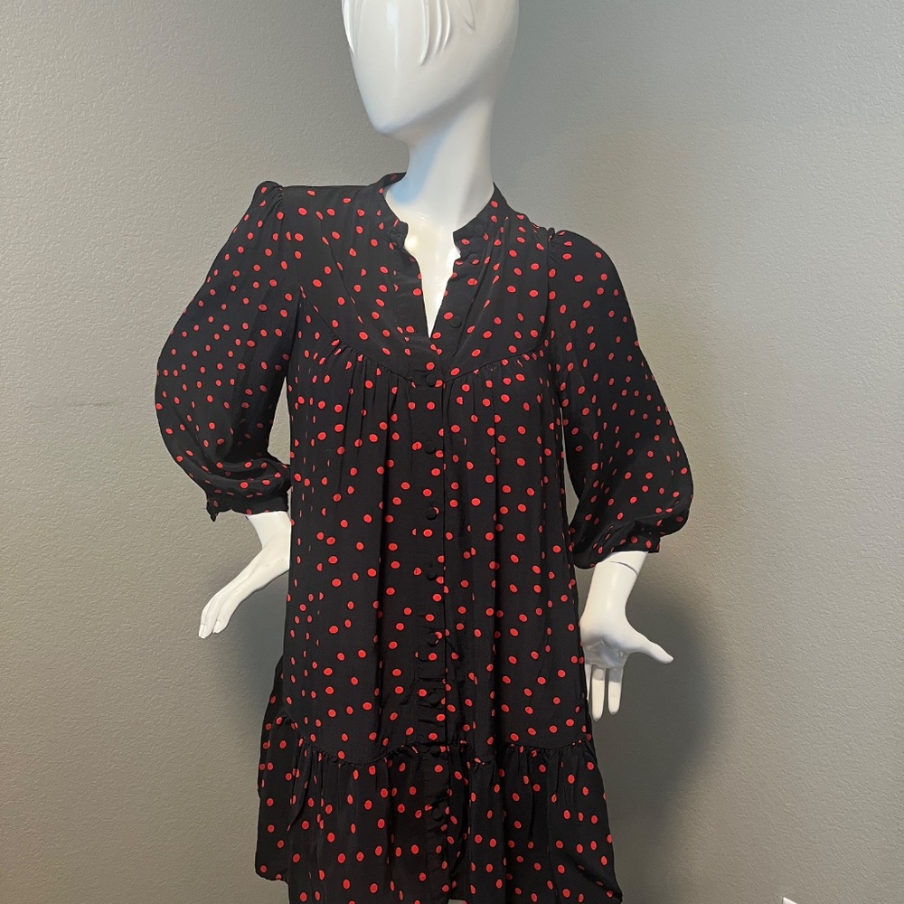 ZARA Women’s Black & Red Polka Dot Retro  Button Front Short Dress Size XS